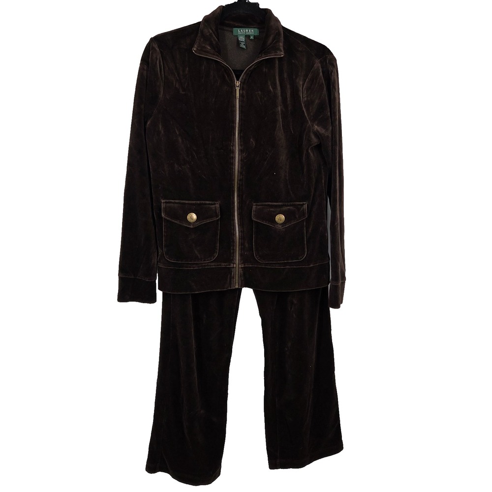 Lauren Ralph Lauren Velour Tracksuit Set Brown M Zip Jacket & Pants Y2K